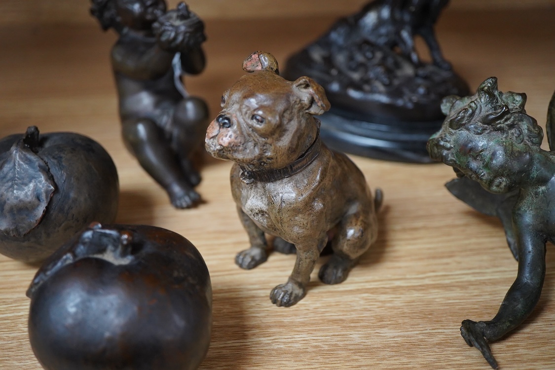 A small bronze of a of a hound and puppies after Louis Theophile Hingre (1832-1911), on marble base- 14.5cm wide, a painted bulldog ink stand, a putti and a fairy and two models of apples. (6).